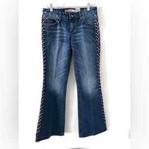Mudd Vintage Y2K Flare Jeans with pink side lace-up detailing. Size 7.